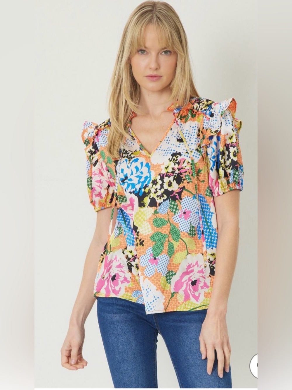 entro Bright Floral V-Neck Ruffle Sleeve Blouse